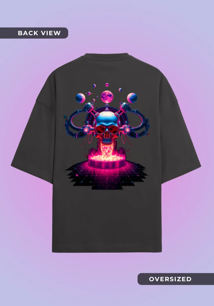 Space Planet Lava Skull Oversized Black T-Shirt